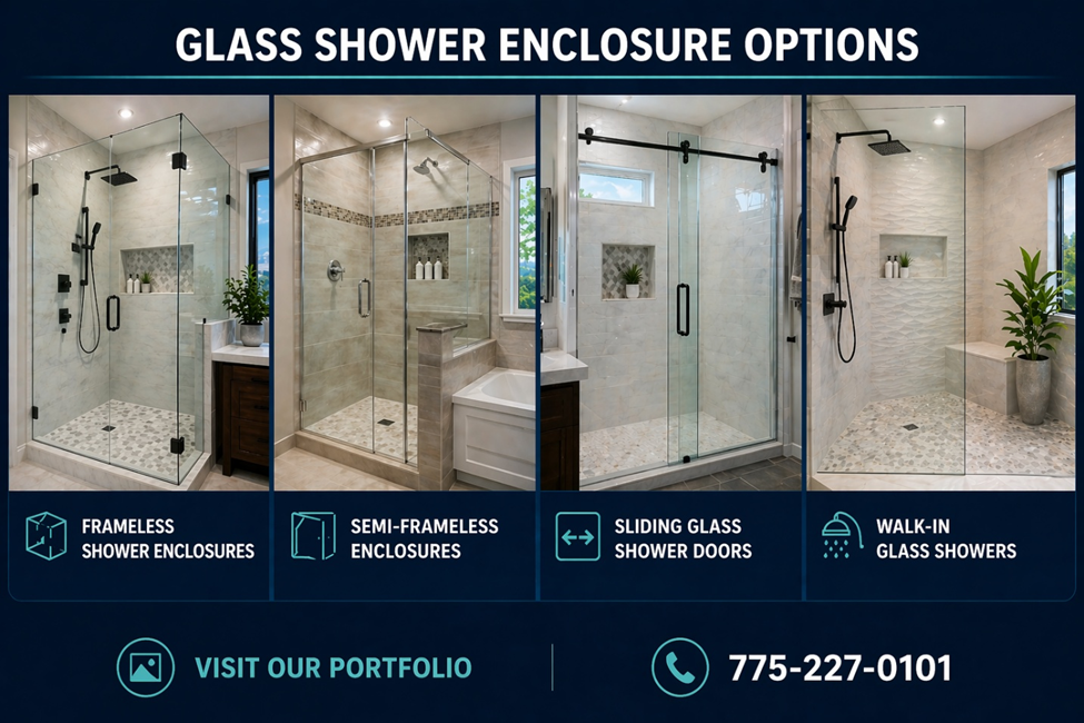 Glass shower enclosure options including frameless, semi-frameless, sliding glass shower doors, and walk-in glass showers installed by nvision Glass in Reno NV