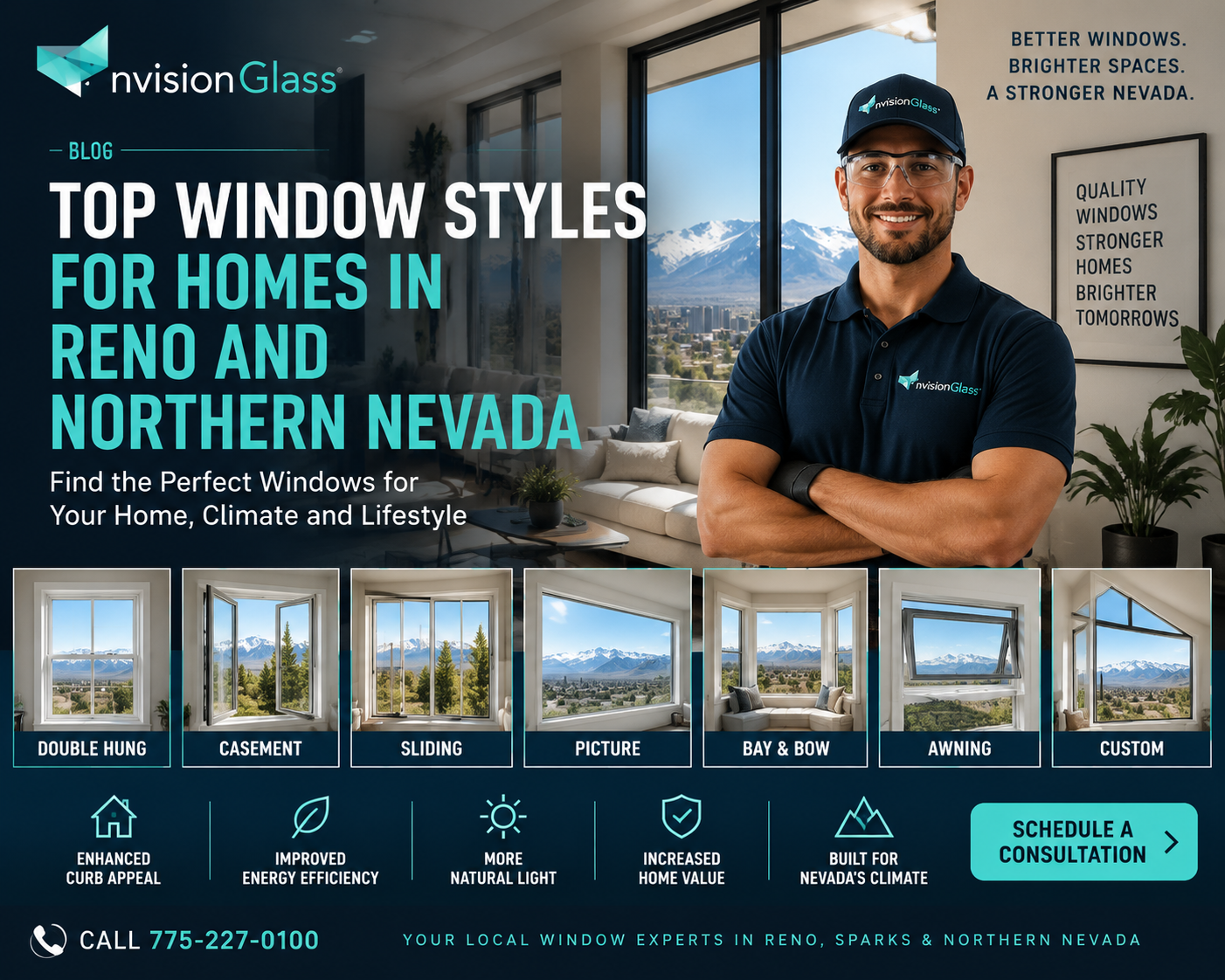 Top window styles for Reno and Northern Nevada homes featuring double hung, casement, sliding, picture, bay, and custom windows installed by nvission Glass