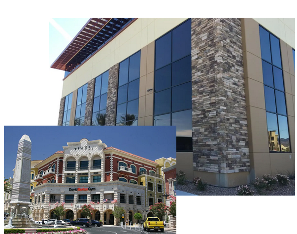 nvision Glass Commercial building exterior with large glass windows and stone facade